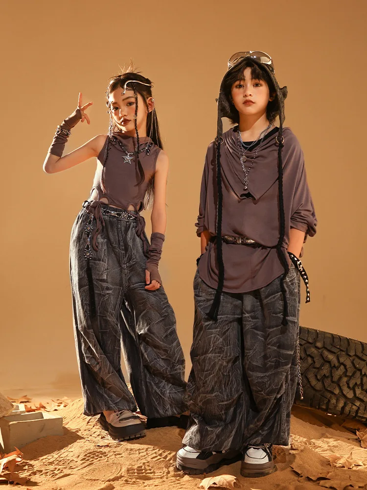 

Kid Wasteland Style Hip Hop Clothing Gray Hoodie Crop Top T shirt Print Casual Jogger Pants for Girl Boy Dance Costumes Clothes