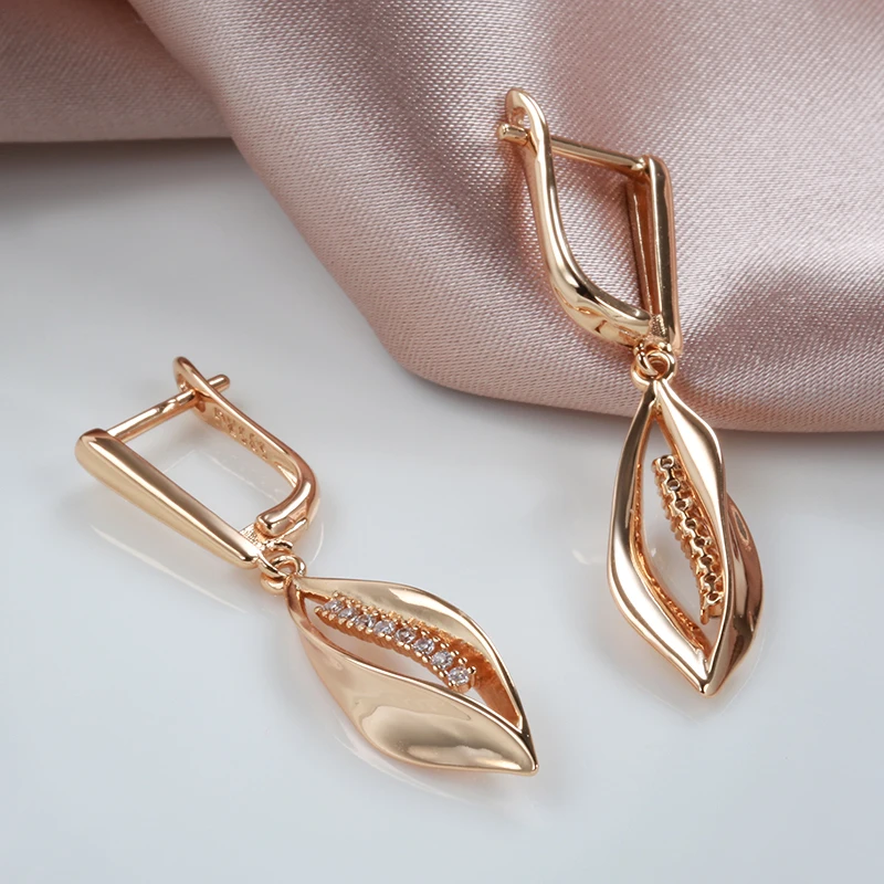 SYOUJYO 585 Rose Gold Color Long Leaf Drop Earrings For Women Natural Zircon Elegant Wedding Jewelry Trendy English Earring