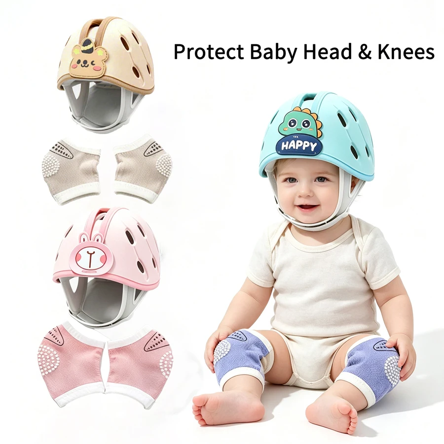 2 Pieces, 1 Set of Baby Anti-Fall Hats + Knee Pads, Baby Walking and Crawling Set, Cartoon Animal Style with Non-Slip Knee Pads, Anti-Collision Toddler Protective Set, Suitable for Crawling, Walking, and Playing in Multiple Scenarios