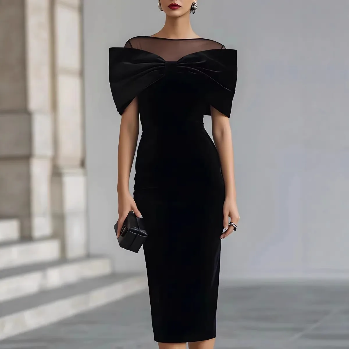 Pull on Slim Fit Gown Bodycon Streetwear with Short Sleeve Western Style Off Shoulder Neckline Midi Length Women Casual Dresses