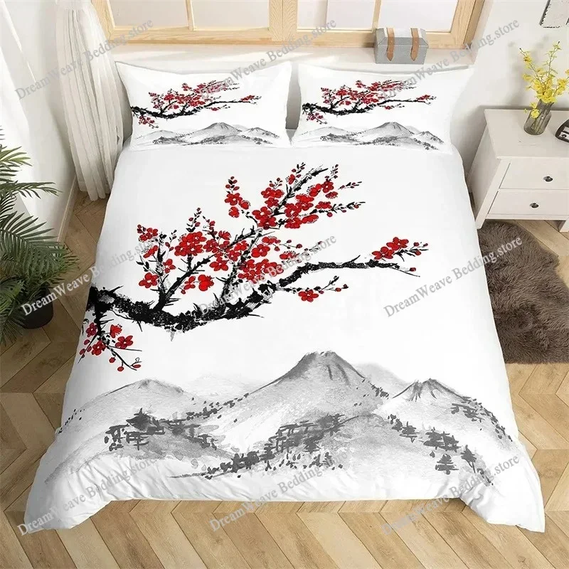 Cherry Blossoms Duvet Cover KingQueen Size,Japanese Sakura Tree Pink Floral Spring Vintage Cultural Bedding Set for Women GirlsF