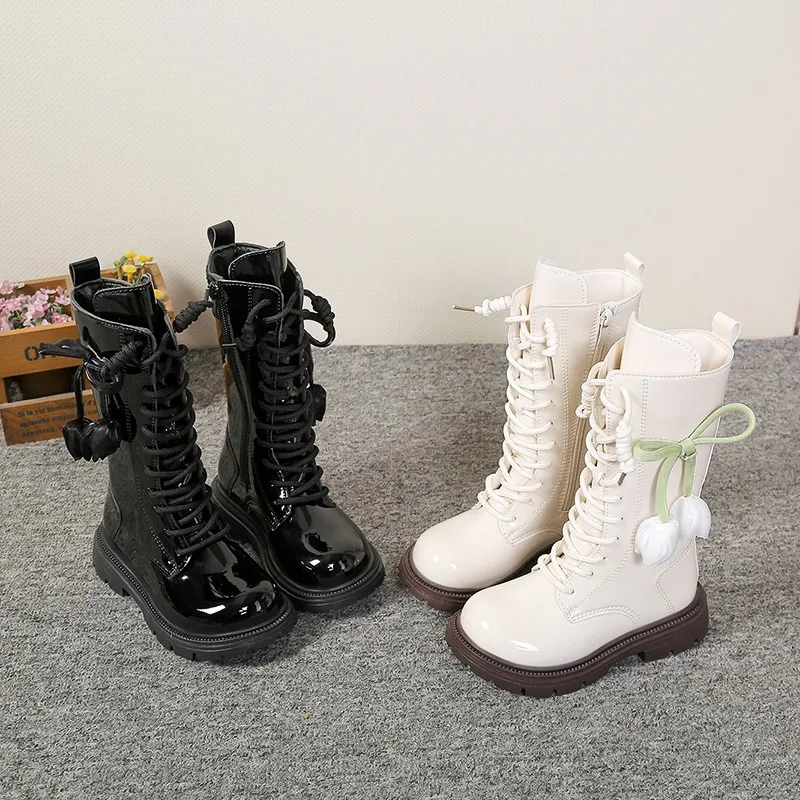 Girls Fashion Patent Leather Princess Boots Tulip Bowknot - Kids Warm Plush Lined Ankle Boot Chunky Sole Lace-up Winter Footwear