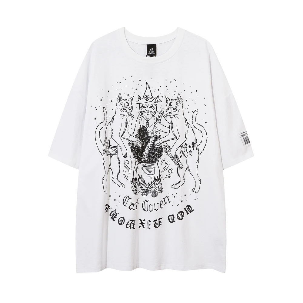 Oversized Gothic Cats Vintage Grunge Y2k Anime T Shirts Men Retro T-shirts Harajuku Streetwear Hip Hop Summer Cotton Tops Tees