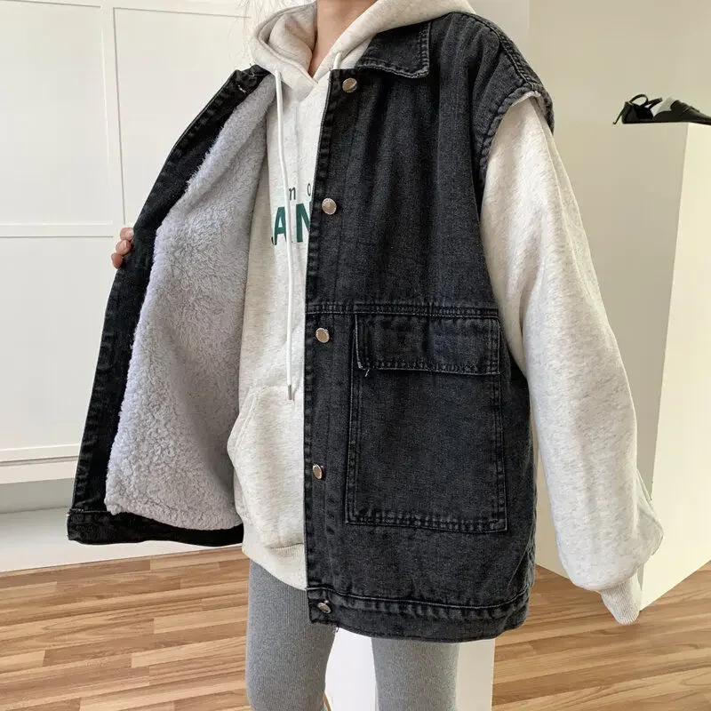 

Loose BF Style Denim Vest Women's Autumn and Winter Velvet Padded Thickened Coat Korean Style Oversized Workwear Waistcoat Woman