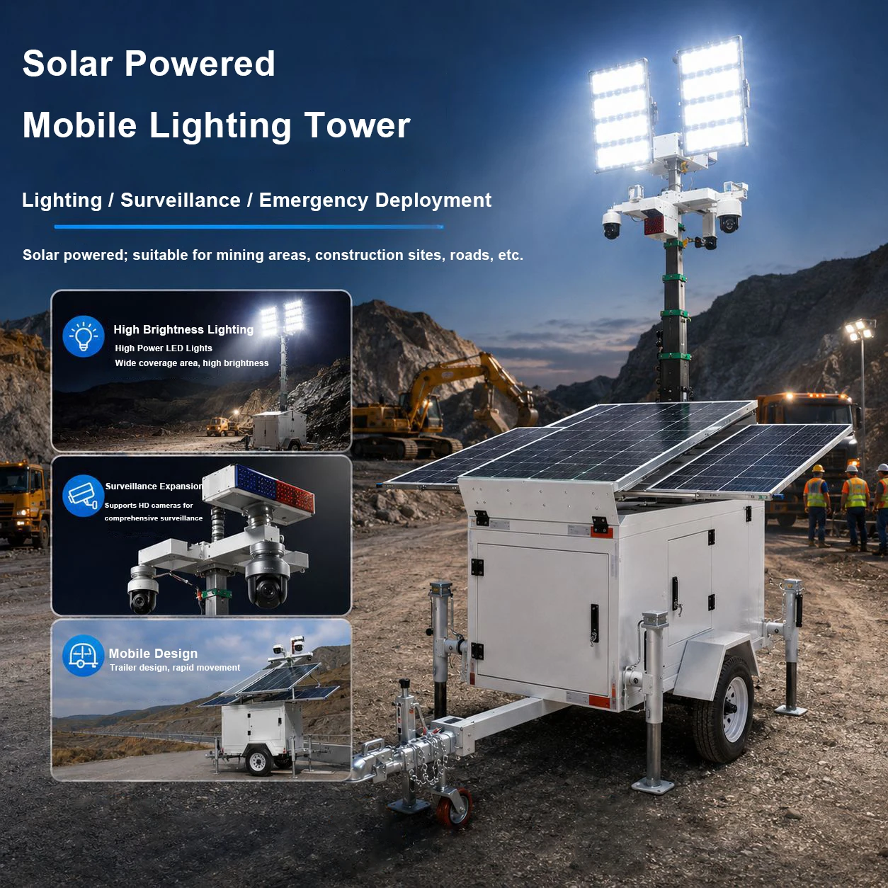 Xiuben Solar Mobile Lighting Tower 500W LED Trailer Light Tower with 1400W Solar Panels Controller Electric Telescopic Mast