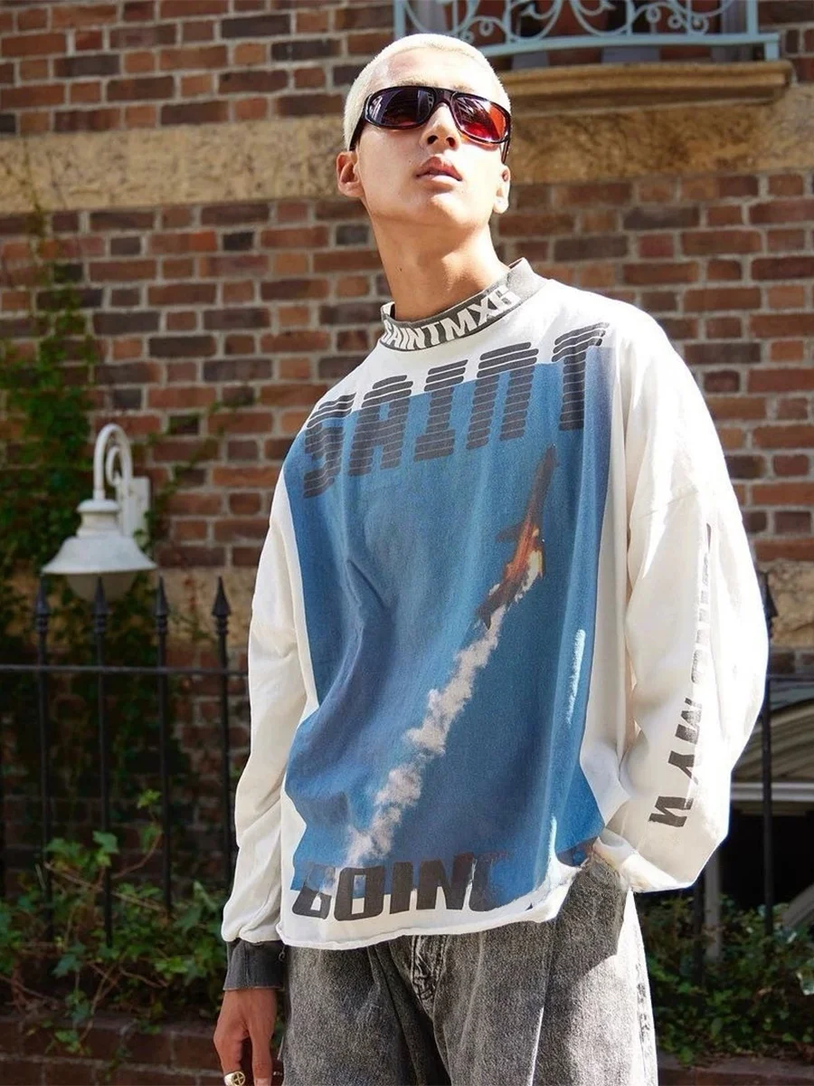 Retro Airplane Illustration Long Sleeve T-Shirt Washed Loose Fit Cotton Casual Top for Men And Women Breathable Daily Wear