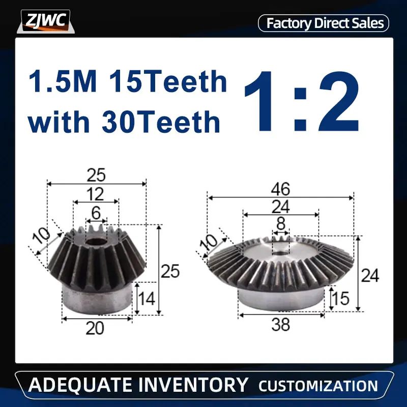 

1 Set 1:2 Bevel Gear 1.5 Modulus 15Teeth + 30teeth 90 Degree Drive Commutation Steel Gears Steel Gears