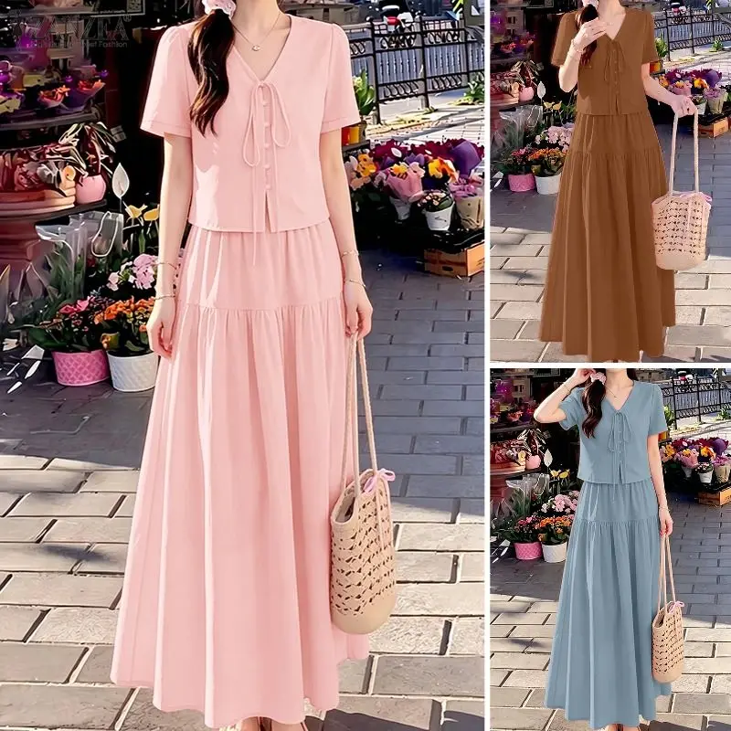 ZANZEA Elegante Damen 2-teilige Sets Sommer 2-teilige Outfits Stilvolle V-Ausschnitt Kurzarm-Bluse Kleid-Sets Lässiger A-Linien-Rock-Anzug