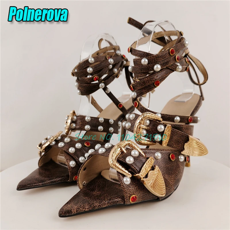 Vintage Brown Leather Metal Buckle High Heels Pearl Rhinestone Pointed Toe Lace-Up Sandals Luxury Fashion Party Women Shoes