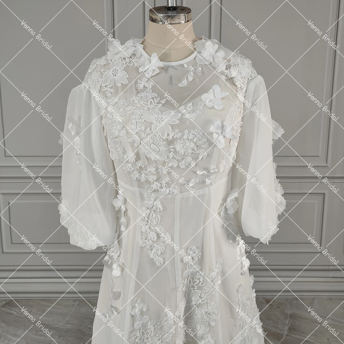 Robe de mariée mi-longue princesse à fleurs 3D, longueur de rinçage, sur mesure, manches demi lanterne, goutte de soleil, patients brodés, quoi que ce soit