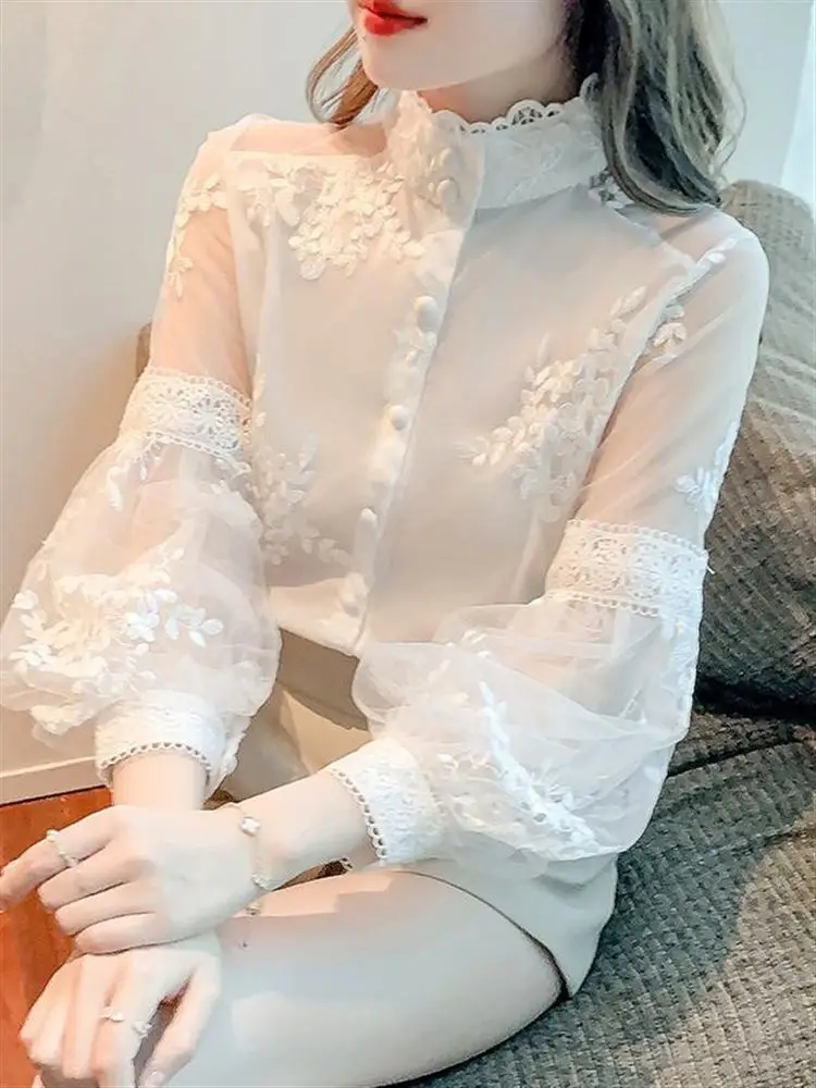 Lente 2024 Geborduurde Kanten Lantaarn Sve Dames irt Design Sensation Small ence Court Sle Long Sve Opstaande Kraag