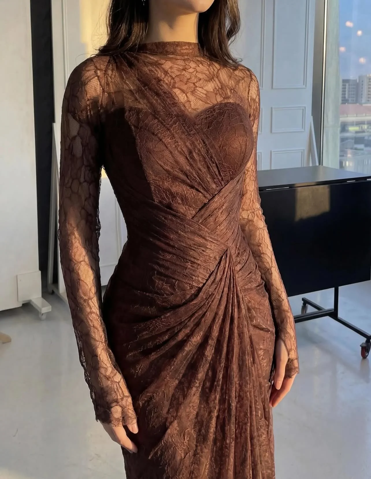

Dubai Brown Lace Evening Dress High Neck Full Sleeves Mermaid Prom Gown Customized Pleated Arabia Formal Occasion Dress