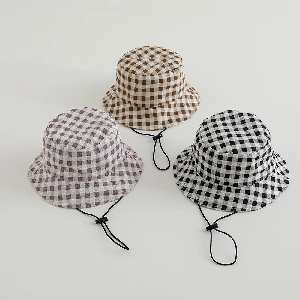 Wide Brim Autumn Sun Hat Baby Plaid Print Fisherman's Hat Children Cotton Bucket Cap for Boys Baby Girls Sunhat Kids Bonnet