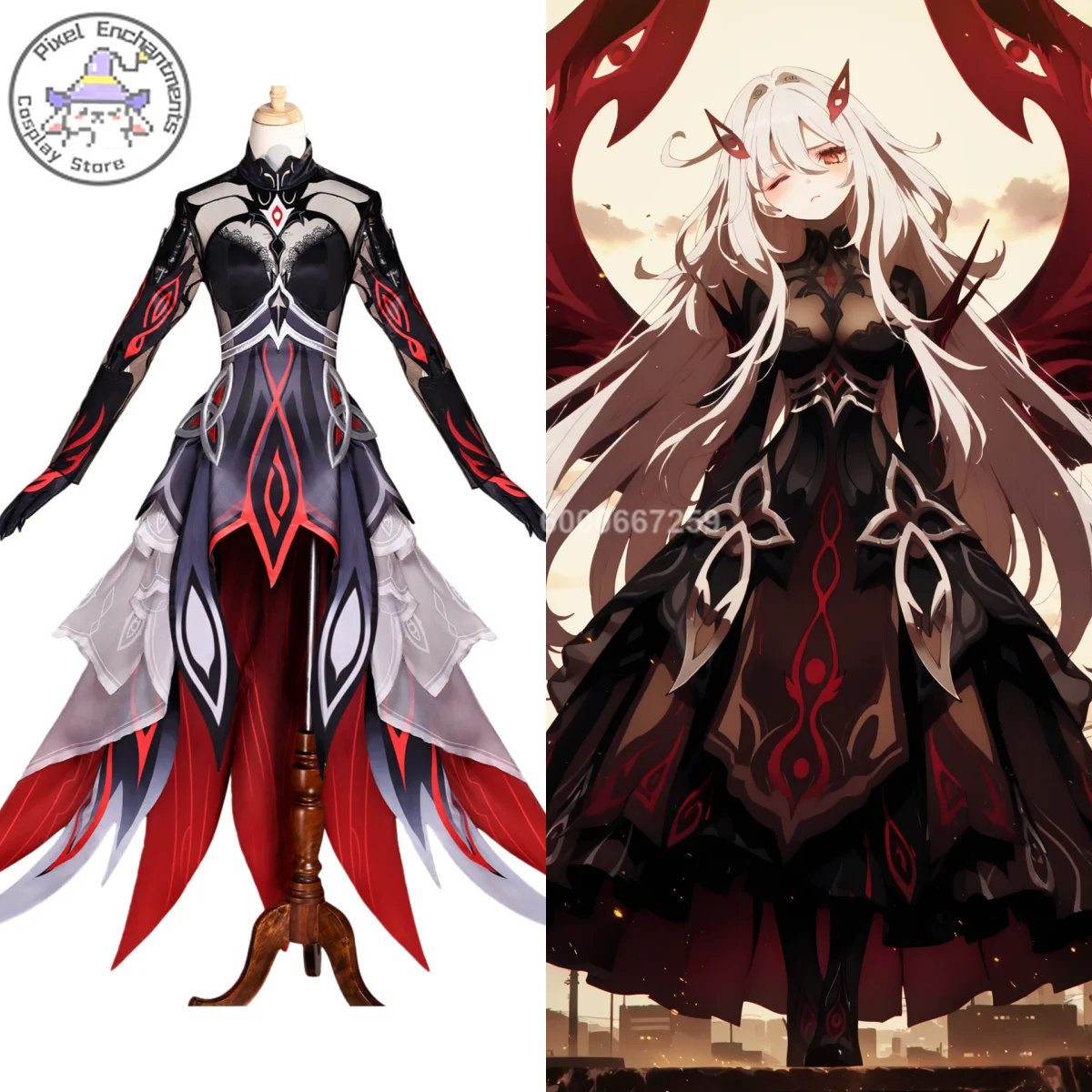 

Game Genshin Impact Cosplay Costume Anime Ronova Role Playing New Outfit Full Set Black Red Dress for Women Comic Con Party