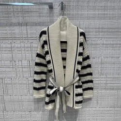 2024 New Autumn Fashion Heavy Cotton Knitted Long Cardigans Women Robe Style V-neck Long Sleeve Stripes Pattern Belt Sweater