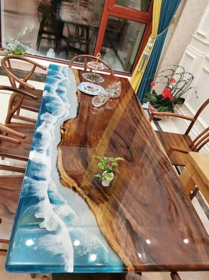 Custom epoxy resin table, large slab solid wood tea table, walnut flowing water tea table, tea table, square table