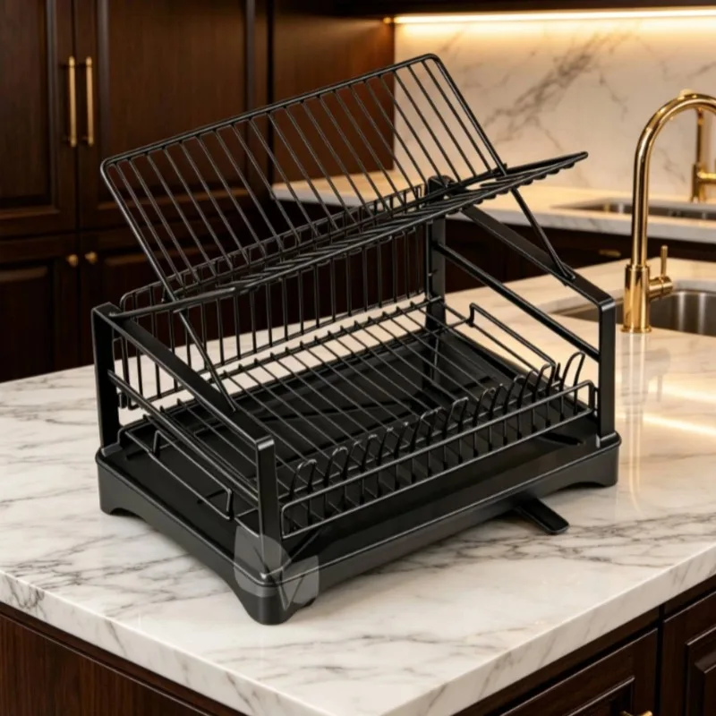 Dish Drying Rack with Water-Catch Tray Space-Saving 2-Tier Dish Rack Automatic Drainage Multifunctional for Rv Kitchen