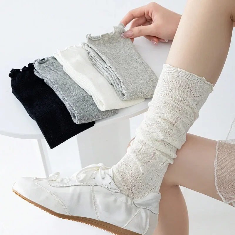Leg Warmers for Women Solid Color Hollow Out Cute Lettuce Trim Women Knee High Socks New Spring Summer Thin Cotton Socks