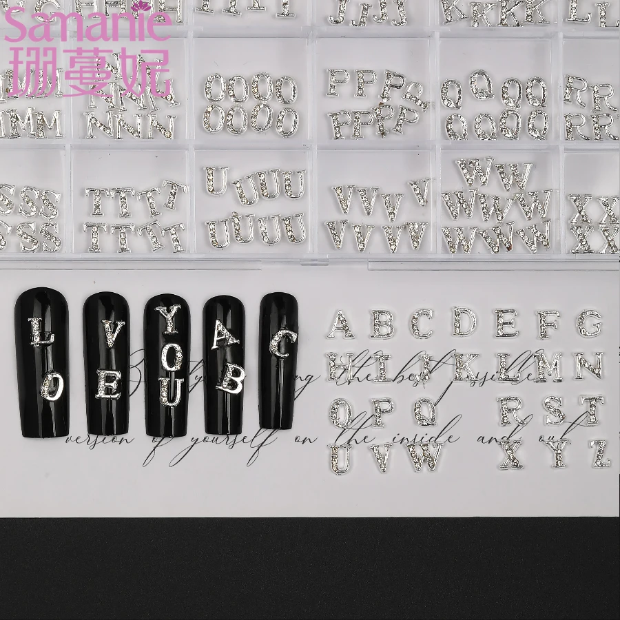 Trendy Mixed 3D Alloy Rhinestone 26 Alphabet Nail Charms Simple Silver Color A-Z English Letter Custom Nail Art DIY Accessories