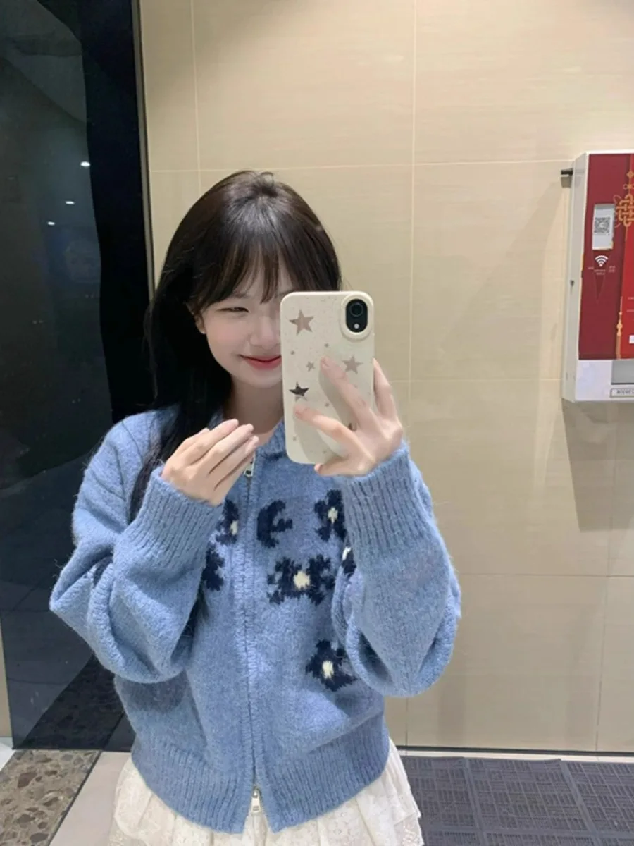 

Корейский синий женский трикотаж на молнии с цветочным принтом в стиле ретро, осенний облегающий открытый кардиган, высококачественный прямой топ-труба, длинный све