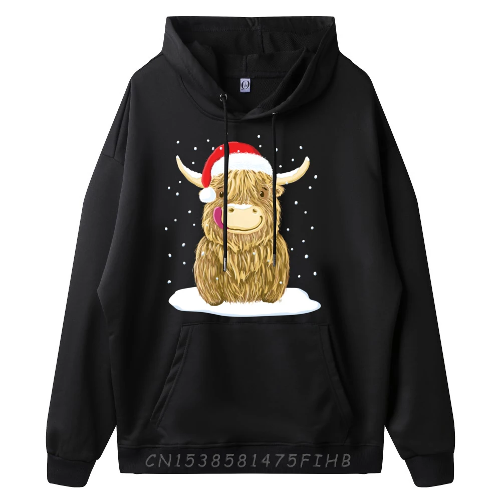 Scottish Highland Cow Christmas Snow Graphic Pullover Hoodies Men Eco-Friendly Long Sleeve Sweater Illustration