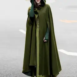 Medieval Style  Women Cloak Thickened Loose Warm Windproof Lengthened Single Button Closure Sleeve Holes Hooded Ponchos Long Sha