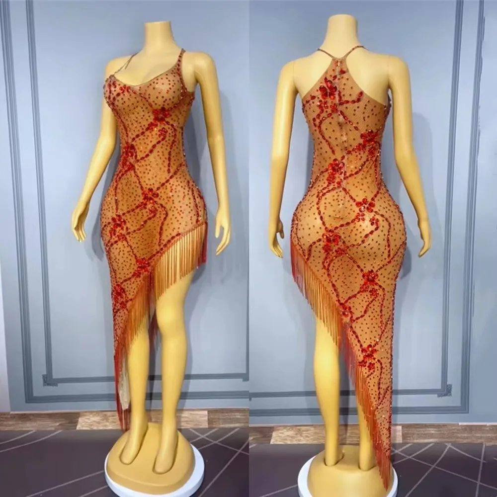 

Women's Sexy Irregular Transparent Red Rhinestones Fringe Dress for Cocktail Party Evening Red Carpet Gown Stage Costume