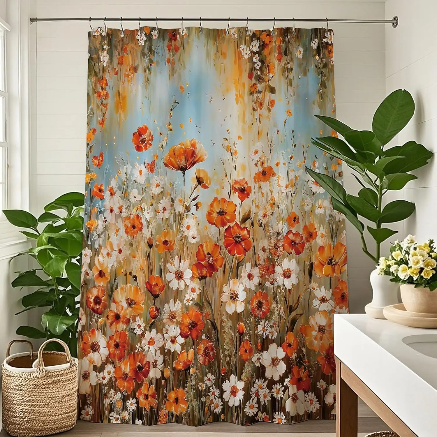 

Boho Orange Floral Shower Curtain for Bathroom Bohemian Flower Shower Curtains Aesthetic Oil Painting Retro Vintage Botanical Pl