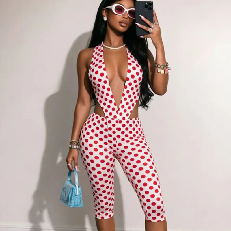 

Doyerl Polka Dot 2 Piece Set Woman Matching Sets Party Rave Night Club Outfits Deep V-neck Bodysuit Top and Knee-length Pants