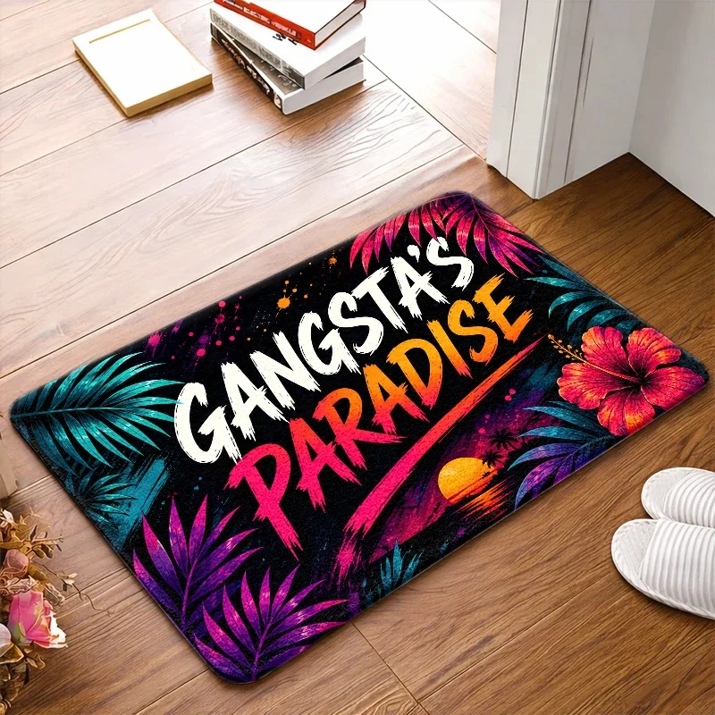 1pc, 2D Gangsta'S Paradise  Rug, Durable And, Machine-Washable, with Tropical Palm And Hibiscus Sunset Design, Ideal for Livin