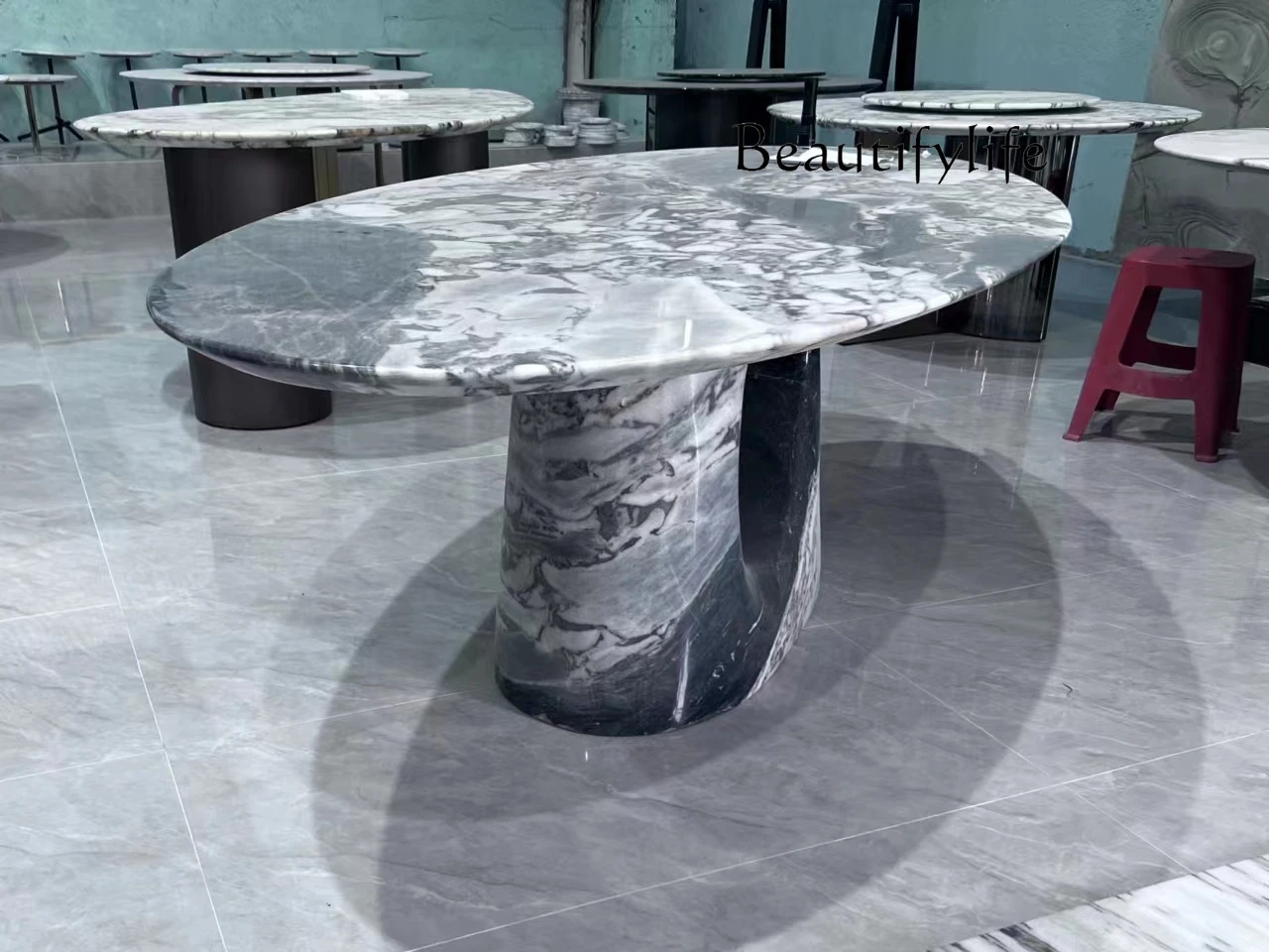 Nordic Simple Retro Natural Marble Dining-Table Restaurant High-End Oval Dining Table