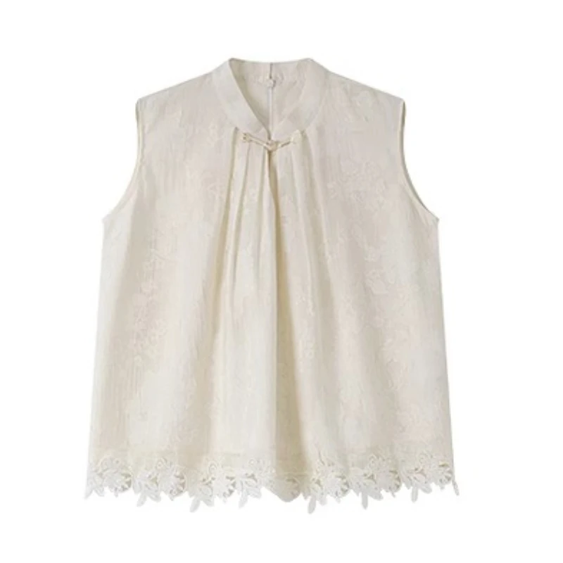VIMLY Apricot Floral Blouse Women's Chinese Style 2025 Summer Sleeveless Stand Collar Lace Hem Ladies Shirt Summer Clothes A2555