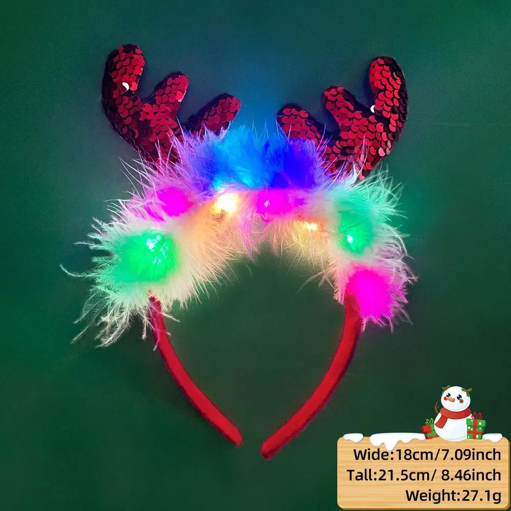 

Светодиодная рождественская повязка на голову с разноцветными рожками, светящаяся повязка с LED-подсветкой, светящаяся повязка для волос с елкой и снежинками, подарки