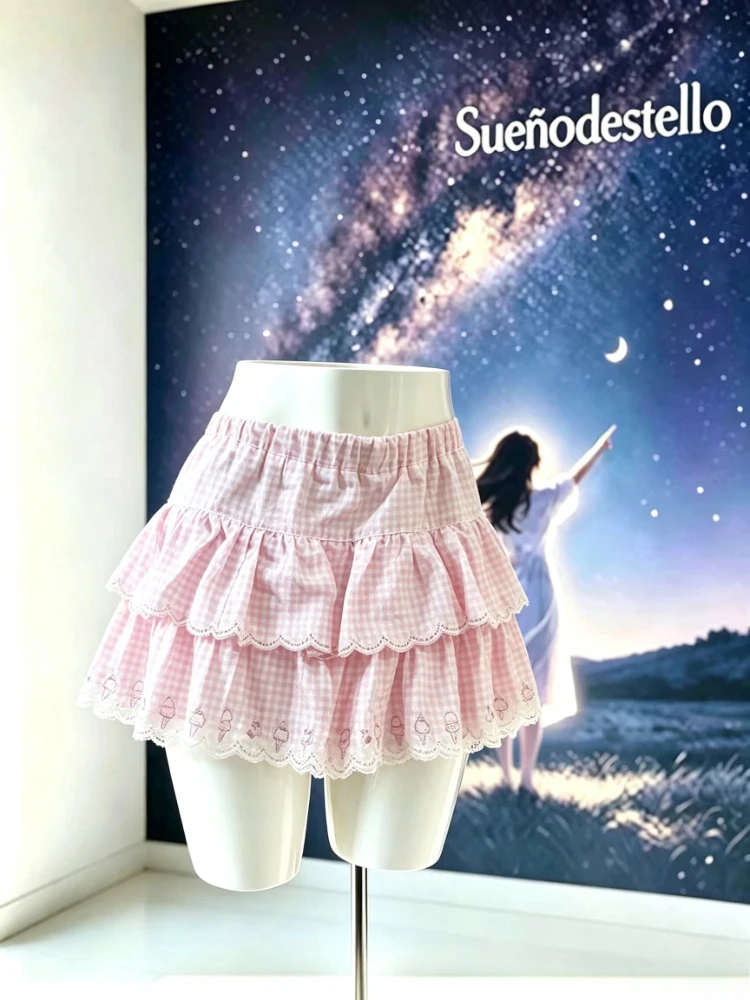 Sweet Kawaii Gingham Mini Cake Skirt Women High Waist Slim Fit Lace Scalloped Trim Ice Cream Embroidery Ruffle Layered Casual