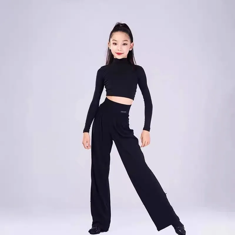 

customized girls Latin dance suit with high collar short straps long sleeves high waist long pants children's practice split set