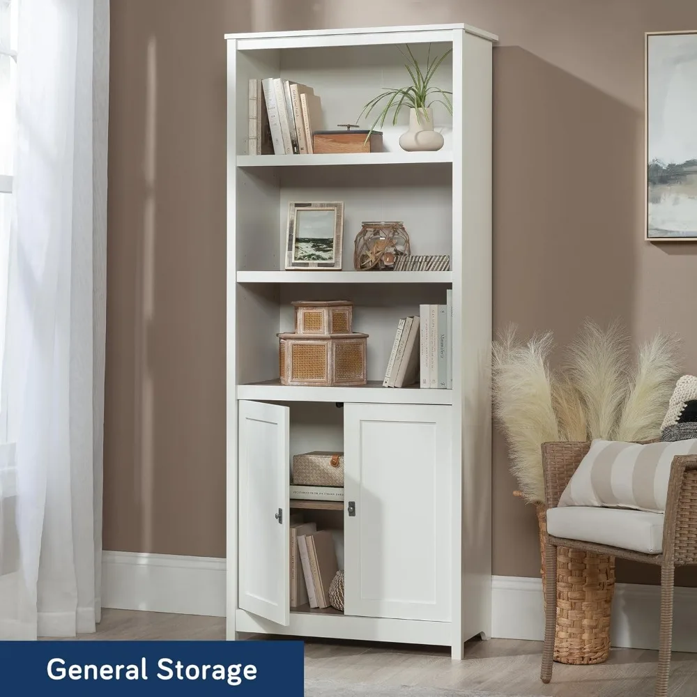 White Library Bookcase with Storage, Doors, and Adjustable Shelves