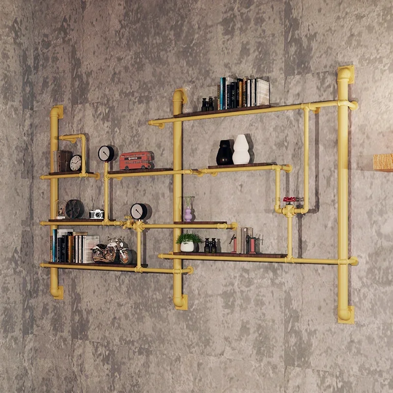 

Retro industrial style wrought iron water pipe wall rack display rack wall hanging office commercial solid wood shelf wine