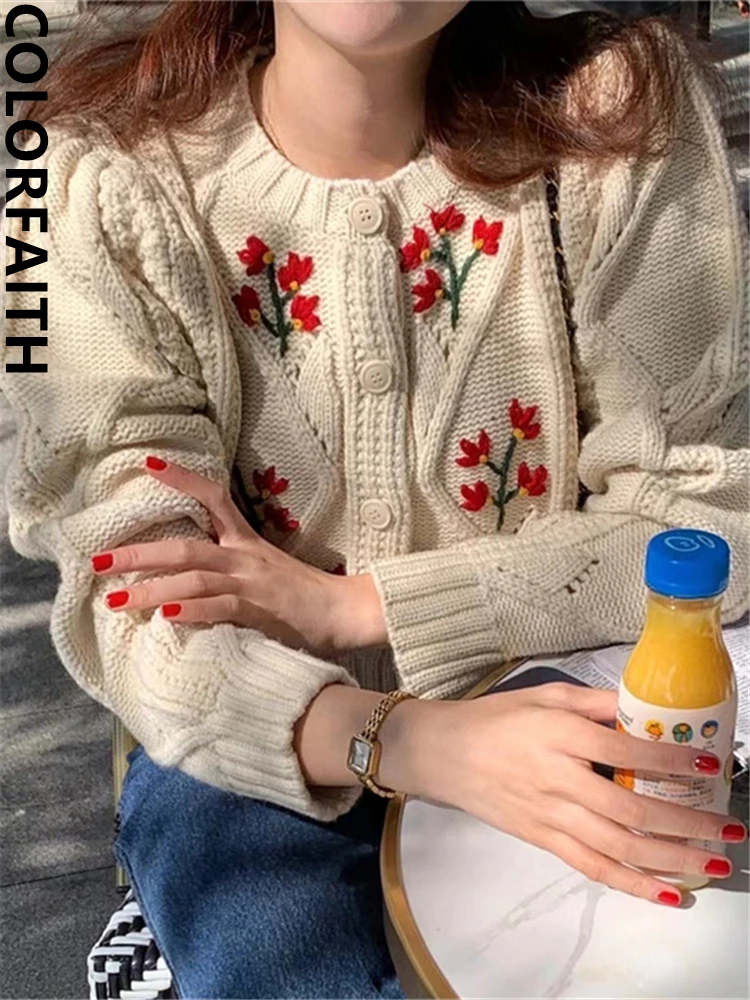 Colorfaith SWC5560JX New 2023 Vintage Floral Korean Fashion Knitting Cardigans Women Autumn Winter Elegant Sweaters Short Tops