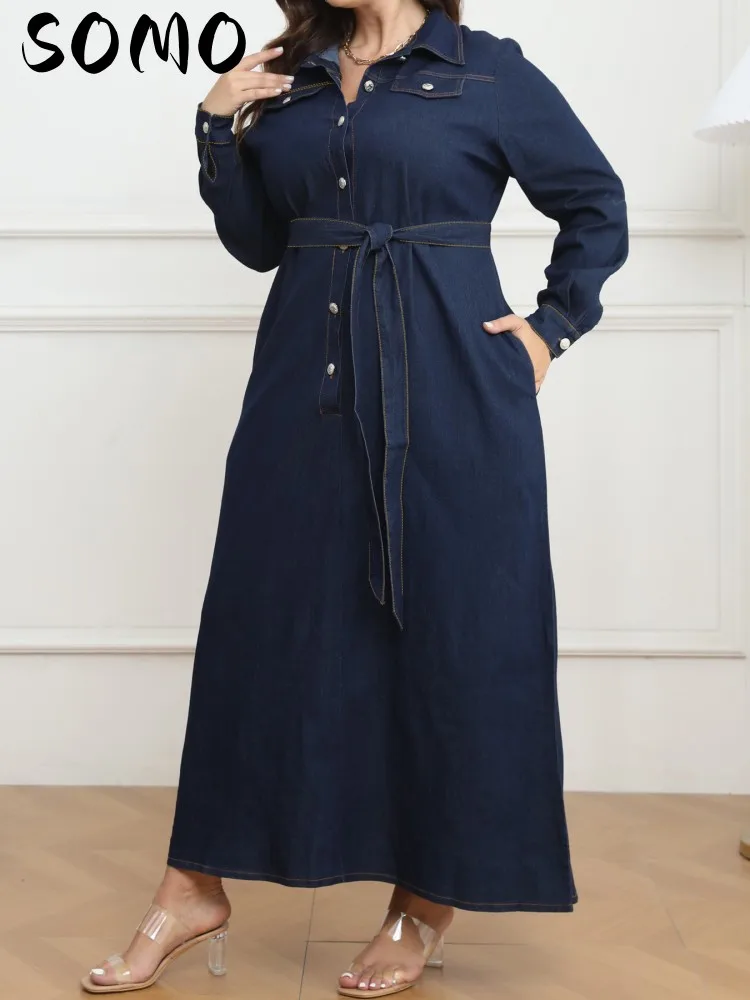 SOMO Plus Size for Women Clothes Denim Long Dress with Belt Button V-neck Long Sleeve 2023 Wash Denim Boho Vintage Dropshipping