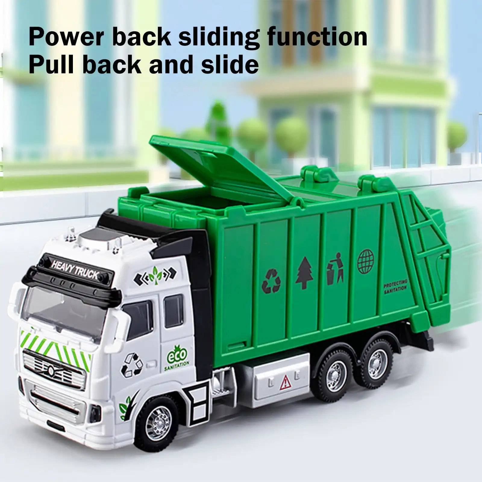 

New Alloy Engineering Vehicle Model Simulation Inertia Pull-back Sanitation Vehicle Toy Classified Garbage Bin Children's Gift