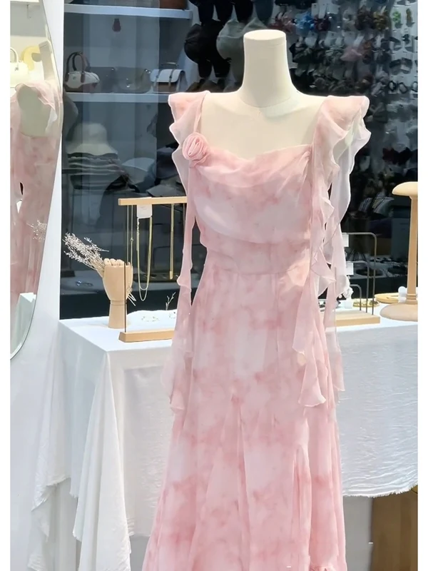 Rétro Floral rose sangle Dr Beach Vaion plage longue Dr été belle fée t jupe trajet Sle col carré