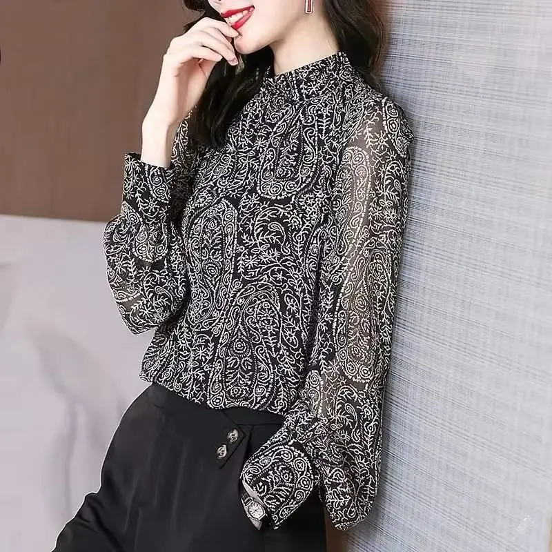 

Spring Autumn Korean Fashion Women Shirts Loose Style Printed Chiffon Female Shirt 2024 New Stand-up Collar Lady Blouse Tops