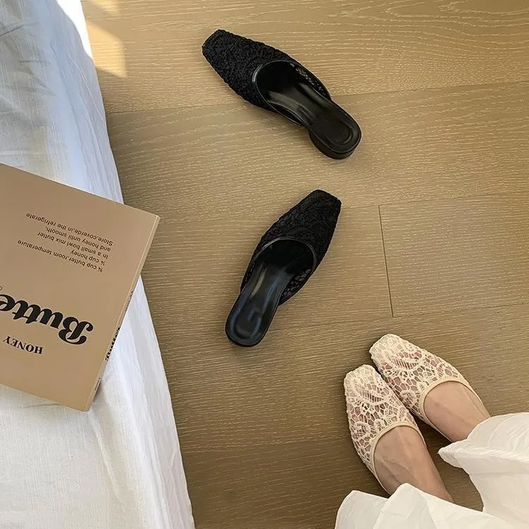 

Spring and Summer Simple Mesh Hollow Flat Temperament Semi Slippers for Women's Outdoor Wear Sexy and Breathable with Skirt