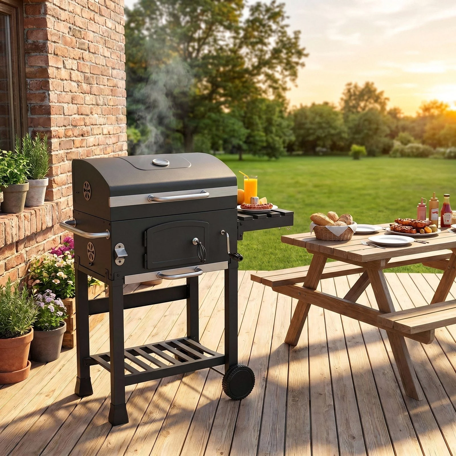 Premium Charcoal BBQ Grill Trolley with Thermometer