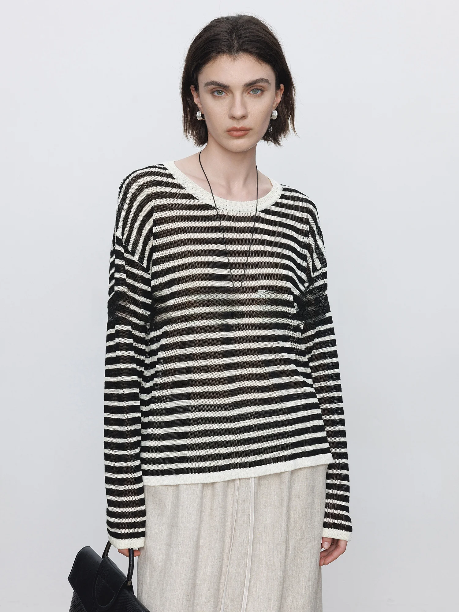 

Maiherer Women's Long Sve Striped T-irt Casual Loose Knitted Thin Sle round Ne Pullover Spring Faion Sensation