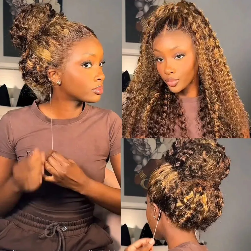 

40 Inch 250 Density Highlight Honey Brown Curly Lace Front Human Hair Wigs 13x6 13x4 Ombre Colored Deep Wave Lace Frontal Wig