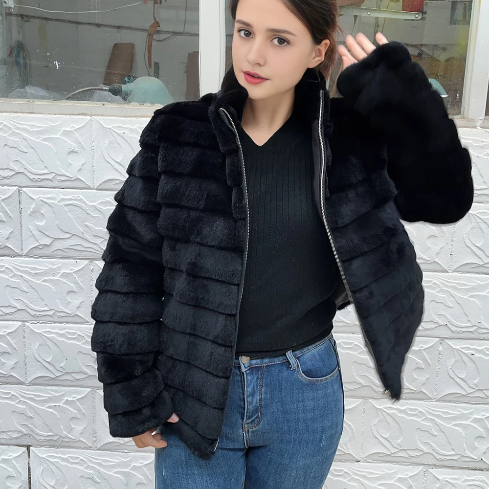 Fancy Rani Natural Rex Rabbit Fur Coat Women Winter Jacket Real Leather And Fur Odzież wierzchnia dla kobiet z 2024 Black Cold