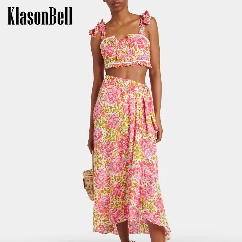 

6.21 KlasonBell Women Fashion Sexy Hot Sweet Print Ruffle Pleated Strap Tank Top Or Ribbon Bandage Asymmetrical Long Skirt Set