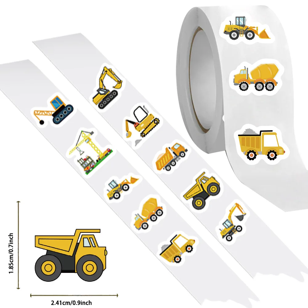 500Pcs Construction Vehicle Stickers Roll Cartoon Truck Excavator Tractor Decals for Kid Reward DIY Laptop Notebook Water Bottle