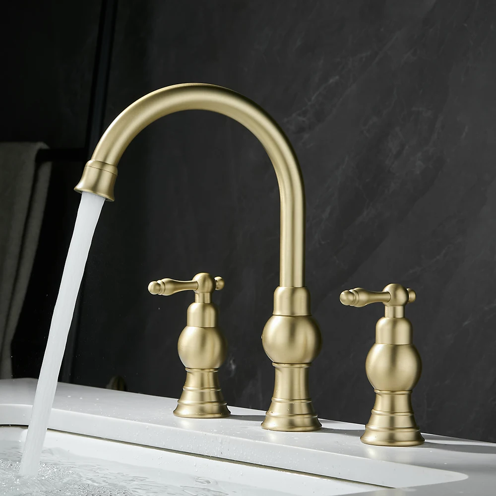 Deck Mounted Bathroom Faucet Two Handles Hot Cold Mixer Crane Basin Sink Three Holes Black Gold Finish Tub Mixer Tap